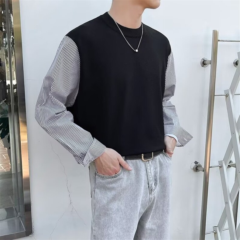 新款男士拼接条纹长袖套头针织毛衣修身弹力百搭休闲上衣男B48,男装针织衫/毛衣,星座1116A-2（原606A-1）