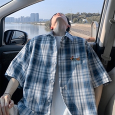 特批P30无差价夏季腊肠狗刺绣格子衬衫男宽松短袖衬衫外套CD5473，男装衬衫，电商A001