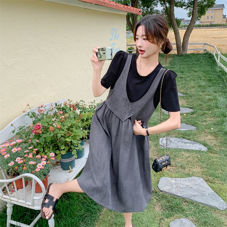 小众设计感拼接马甲裙子女夏季2025新款韩版休闲假三件连衣裙,女装连衣裙,C位