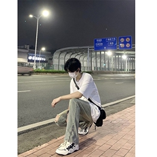 B221美式ins高街暗黑小众拉链破洞牛仔裤LK23076-P65控88，男装牛仔裤，电商B221