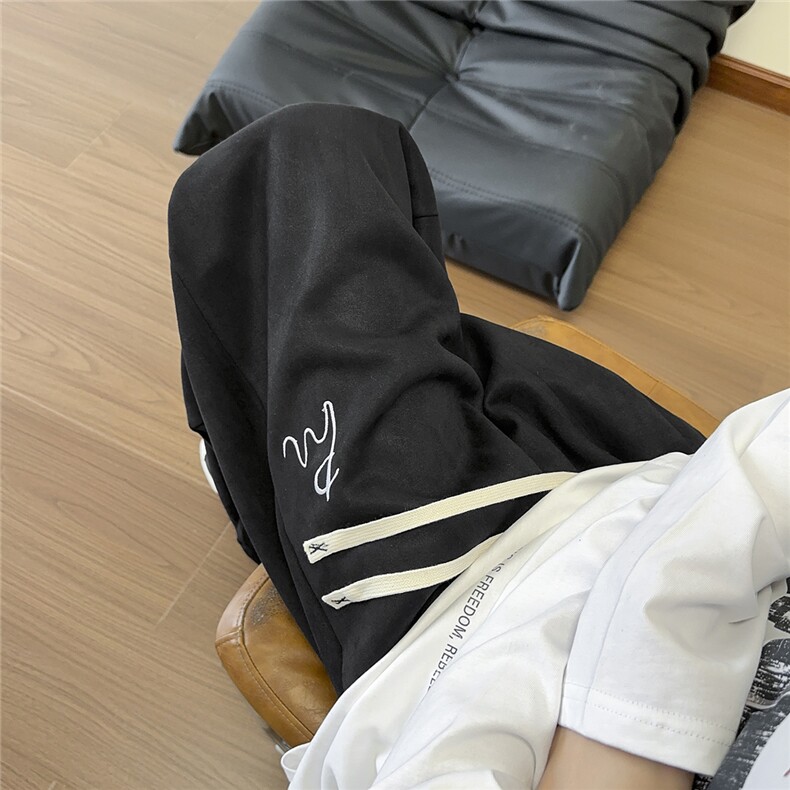 2025秋冬宽松垂感休闲裤刺绣潮流阔腿直筒裤K9733/特P30黑色,男装休闲裤,电商A094