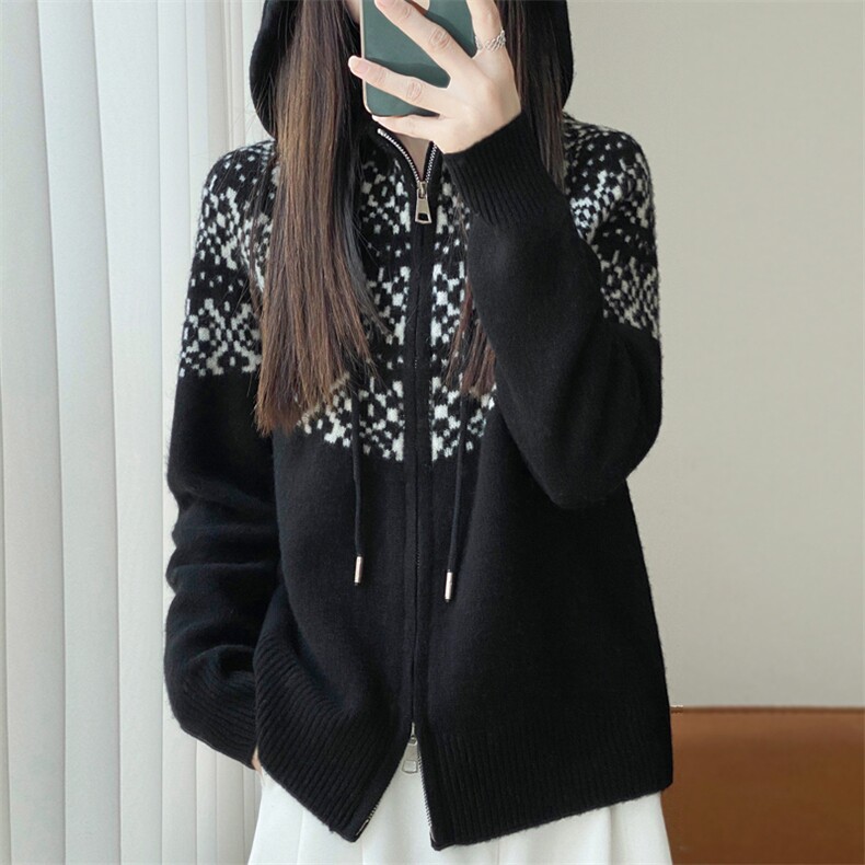 开衫女25秋冬加厚宽松连帽拉链费尔岛提花针织毛衣外套,女装羊毛衫,大美人高端店