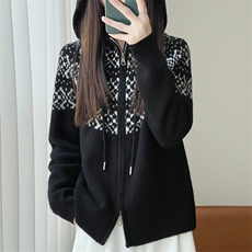 开衫女25秋冬加厚宽松连帽拉链费尔岛提花针织毛衣外套，女装羊毛衫，大美人高端店