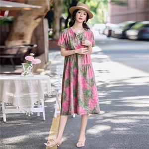 洋气减龄印花棉麻连衣裙女2026夏季V领气质宽松休闲遮肚显瘦裙子图片
