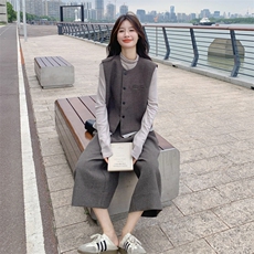复古高级感西装马甲打底衫阔腿裤三件套女2025秋季老钱风休闲套装，女装套装/套裙，2C159