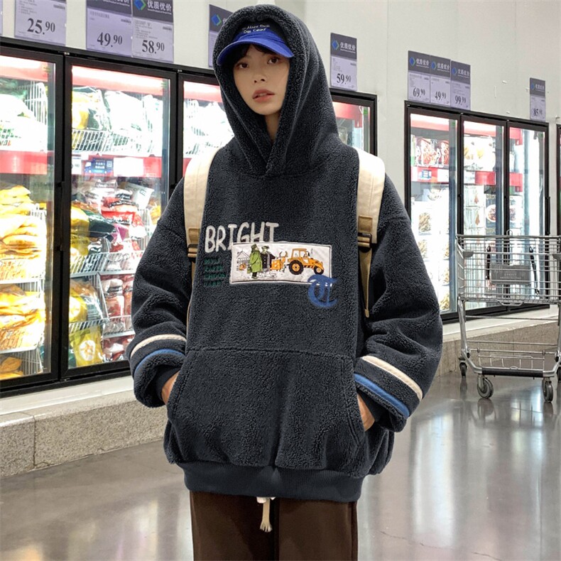 2023秋冬羊羔绒百搭上衣潮加绒连帽卫衣外套男女 985-P90 控价128图片