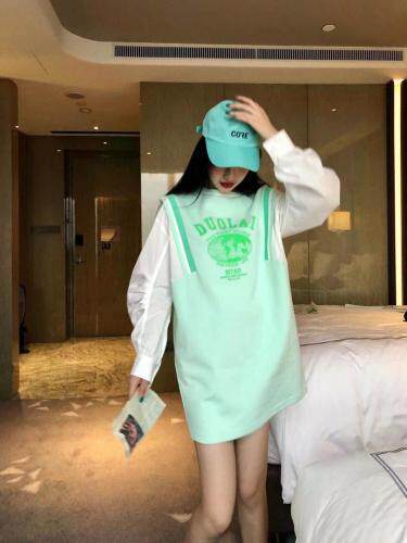 【现货】春装新款假两件拼衬衫修休闲运动针织连衣裙，女装衬衫，多来