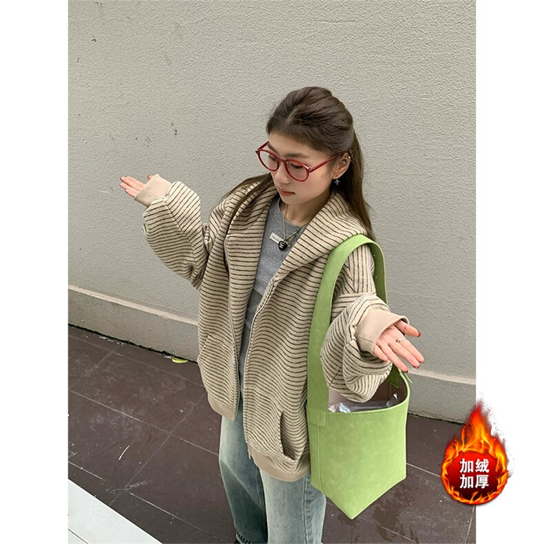 [网图]加绒条纹连帽卫衣美式复古开衫宽松外套5D1202-TP65118，女装短外套，电商A102