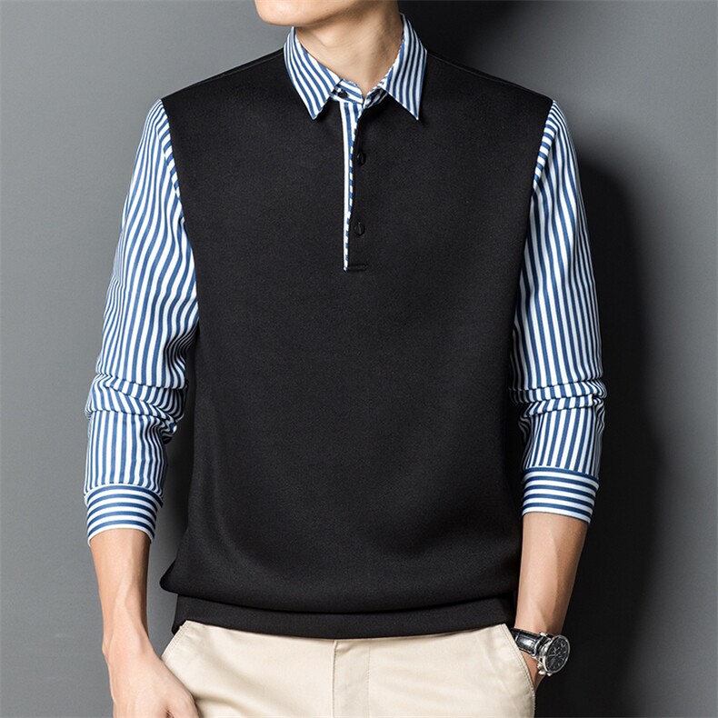 长袖t恤男纯色卫衣春秋季polo衫中年潮流假两件上衣服2023新款，男装卫衣，电商B212（原钱塘6029）