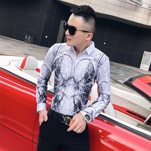 2021春秋衬衫社会男长袖上衣印花男装韩版修身四季潮流衬衣Q614-P55图片