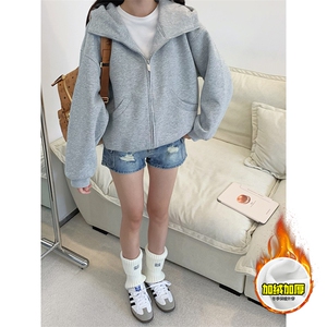 480G重磅加绒硬挺boxy 男女秋冬美式高街防风高领卫衣开衫厚外套图片