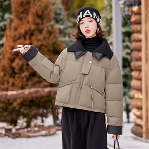 【冬新主推】针织领pu皮拼接羽绒服~短款时尚羽绒服女图片