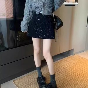 小香风闪闪重工亮片A字裙女冬季小个子毛呢半身裙百搭包臀裙短裙图片