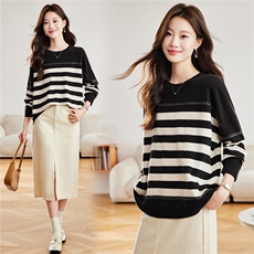 2025秋冬新款100%羊毛条纹拼色针织衫女宽松圆领套头毛衣慵懒风，女装羊毛衫，艾米