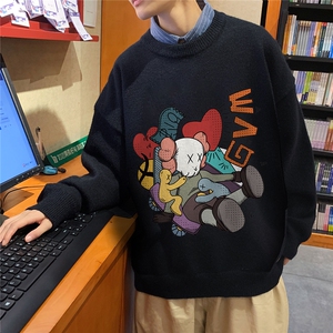 1港风新款宽松休闲中性情侣潮流印花毛衣男外套7790P55加绒P70图片