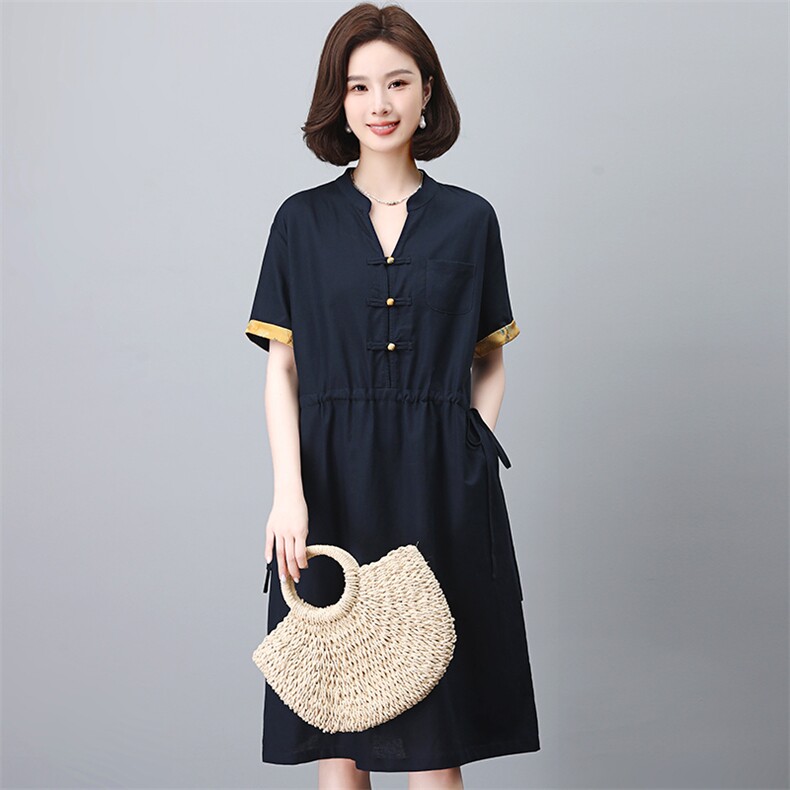 高级感休闲妈妈棉麻连衣裙女2024夏季新款收腰显瘦拼接衬衫领裙子,女装连衣裙,江忆布依