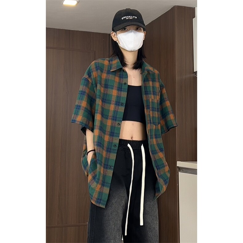 美式复古格子短袖衬衫男女宽松翻领情侣装透气外套C2176-特价P27图片