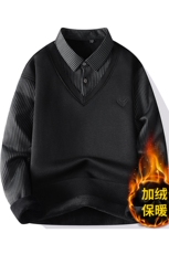 秋冬季男士假两件针织百搭衬衫领外套男毛衣内搭T恤9011加绒-P24，男装衬衫，星座1706