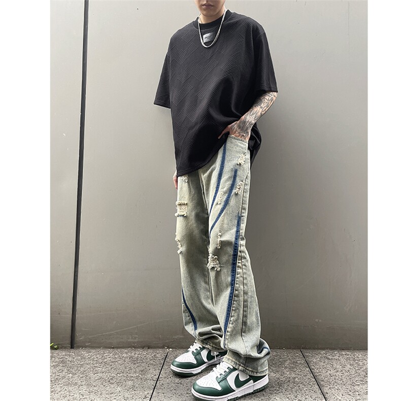 B221美式ins高街小众个性男女破洞牛仔裤LK23001-P65控88,男装牛仔裤,电商B221