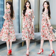 夏装2021新款女气质显瘦松紧腰通勒法式V领复古仙碎花公主连衣裙，女装连衣裙，丽美静依