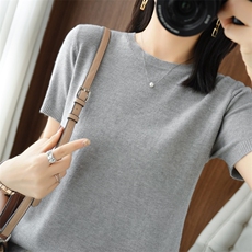 爆款纯棉半袖上衣亚麻针织t恤女薄款2022夏季新圆领宽松短袖，女装针织衫/毛衣，春韵羊绒