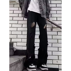 复古破洞微喇叭黑色牛仔裤男潮牌高街直筒显瘦宽松裤子NZ818，男装牛仔裤，星座1116A（原606A-3）