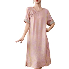 新中式时尚旗袍连衣裙女2025夏季新款妈妈宽松大码棉麻显瘦裤子薄，女装衬衫，朝贺羊绒