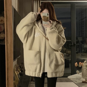 C917-P120 杏色羊羔毛外套2025秋冬季设计感加绒加厚保暖棉衣棉服图片