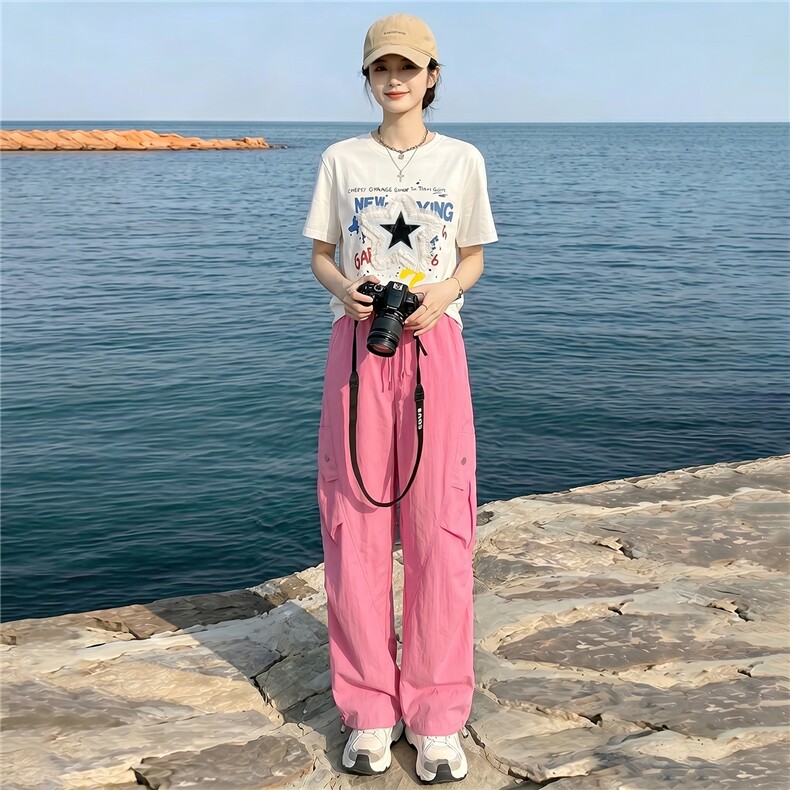 韩版休闲时尚套装女夏款个性简约圆领星星印花上衣工装长裤两件套,女装套装/套裙,江南