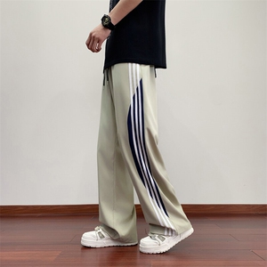 夏季休闲裤男宽松情侣薄款冰丝织带长裤时尚直筒阔腿裤-J1205-P32图片