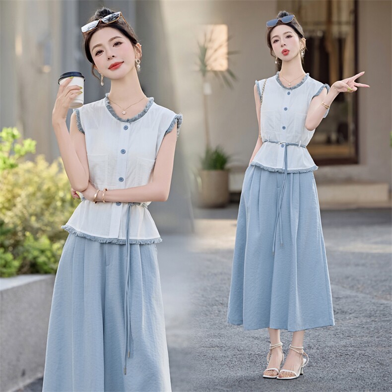 2025夏小香风休闲时尚套装女夏大码胖mm宽松遮肚藏肉阔腿裤两件套，女装套装/套裙，兰菲阁