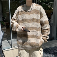 港风秋款男圆领毛衣波浪条纹拼色针织衫打底衫外套M5618P50，男装针织衫/毛衣，星座1013-1