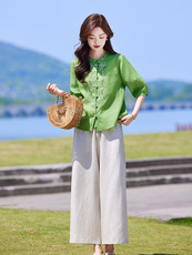 新中式国风套装女2025夏季新款时尚洋气薄款休闲天丝短袖衬衫套装，女装套装/套裙，靓衣阁
