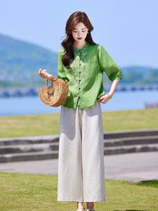 新中式国风套装女2025夏季新款时尚洋气薄款休闲天丝短袖衬衫套装图片