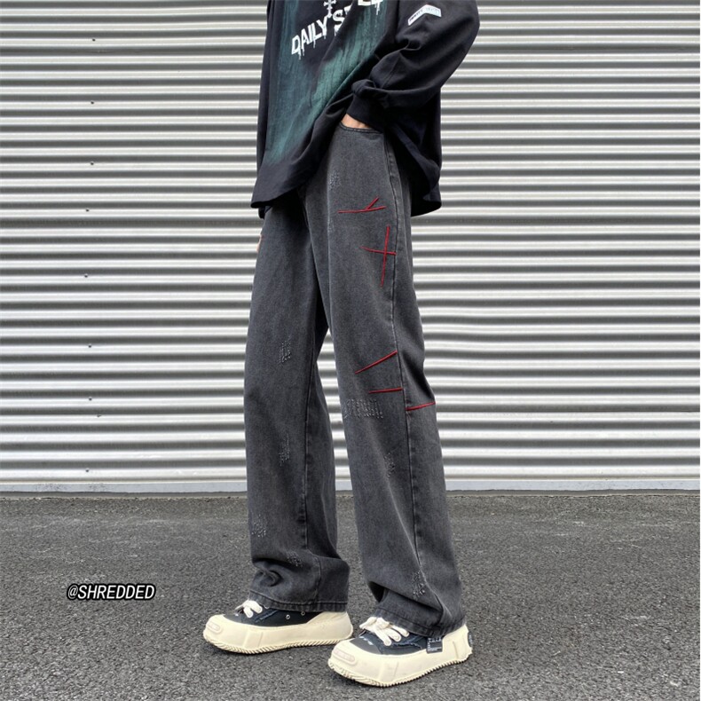 水泥色oversize美式高街刺绣牛仔裤腰带男潮牌黄泥hiphop阔腿裤子图片