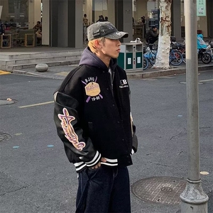 皮袖刺绣棒球服夹克百搭简约气质慵懒流行新款时尚潮HH164 P70图片