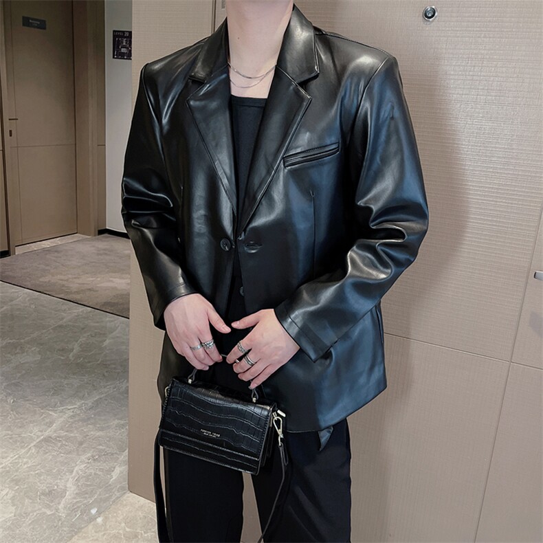 皮西装男秋冬加绒保暖ins网红休闲高级感PU皮西服外套 XZ036-P130图片