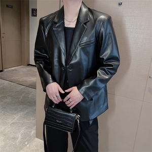 皮西装男秋冬加绒保暖ins网红休闲高级感PU皮西服外套 XZ036-P130图片