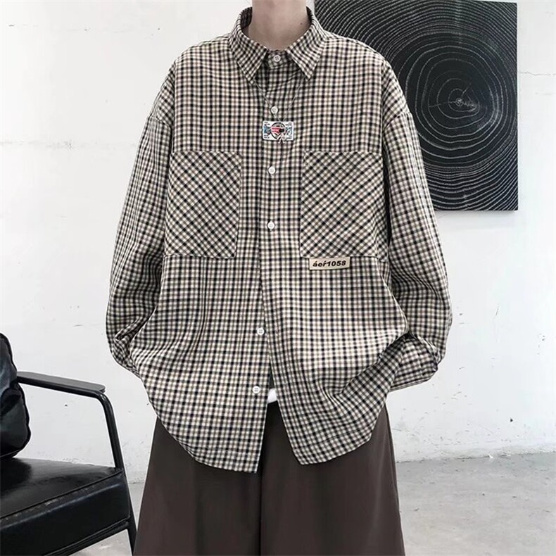 C186-P23春秋款日系复古格子长袖衬衫男装ins潮牌设计感休闲,男装T恤,电商B323A