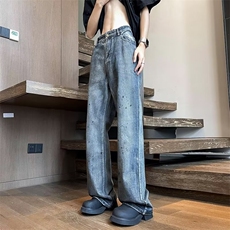 做旧泼墨牛仔裤ins休闲裤潮直筒微喇vibe显瘦裤子N7275，男装牛仔裤，星座1116A-1（原606A）