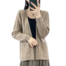 V领镂空100%纯羊毛开衫外套女秋冬款宽松羊绒衫外搭上衣长袖毛衣，女装羊毛衫，狄美羊绒