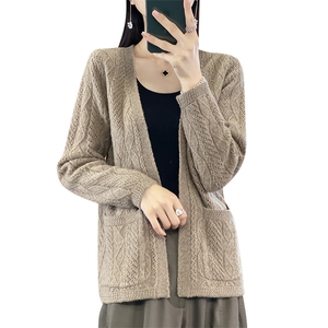 V领镂空100%纯羊毛开衫外套女秋冬款宽松羊绒衫外搭上衣长袖毛衣图片
