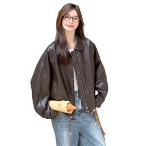 港式复古咖色减龄皮衣短外套女春秋2025新款小个子酷飒风PU皮夹克图片