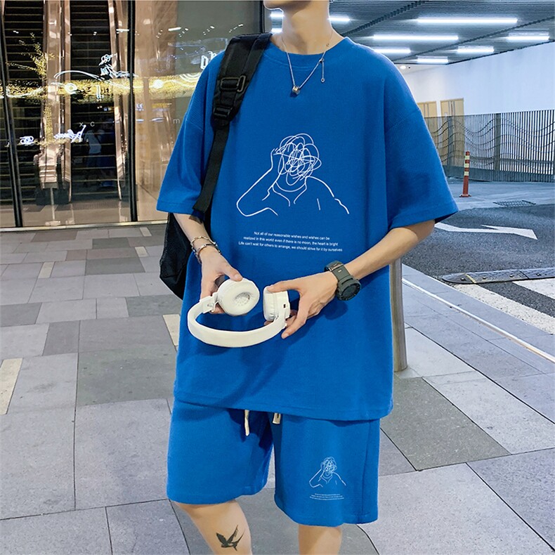 ！2024夏季新款青少年华夫格短袖学生T恤套装HTZ60P50,男装T恤,电商B220