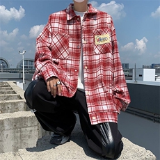 拼色设计感格子长袖衬衫男女宽松潮流春秋外套CS01377-P48，男装衬衫，星座308B-1