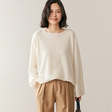 秋季新款卷边圆领加宽袖纯色针织衫时尚休闲，女装针织衫/毛衣，鸥蕊娅羊绒
