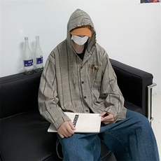 连帽格子衬衫男长袖痞帅韩版潮流高级感衬衣外套CS47P40，男装衬衫，星座410-2