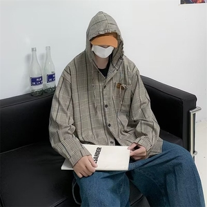 连帽格子衬衫男长袖痞帅韩版潮流高级感衬衣外套CS47 P40图片
