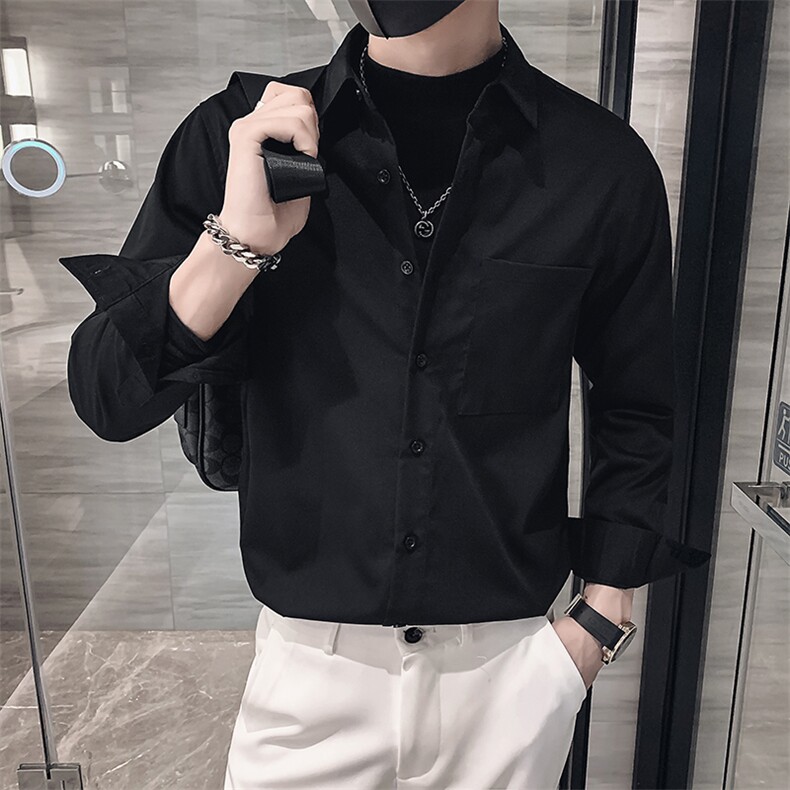 黑色2023春装社会小伙男士纯色修身长袖衬衫男潮CS049-P45控价68,男装衬衫,电商A108