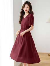 时尚V领修身系带收腰透气飘逸天丝短袖连衣裙2025夏季新款中长裙，女装连衣裙，韩宇舍